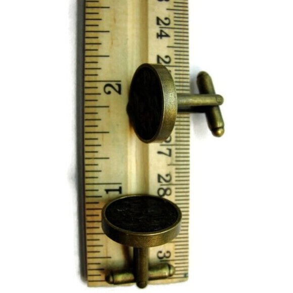 Textured Black Cuff Bullet Round 1" x 3/4" Antique Gold-Tone Base Men Cufflinks - Picture 10 of 10